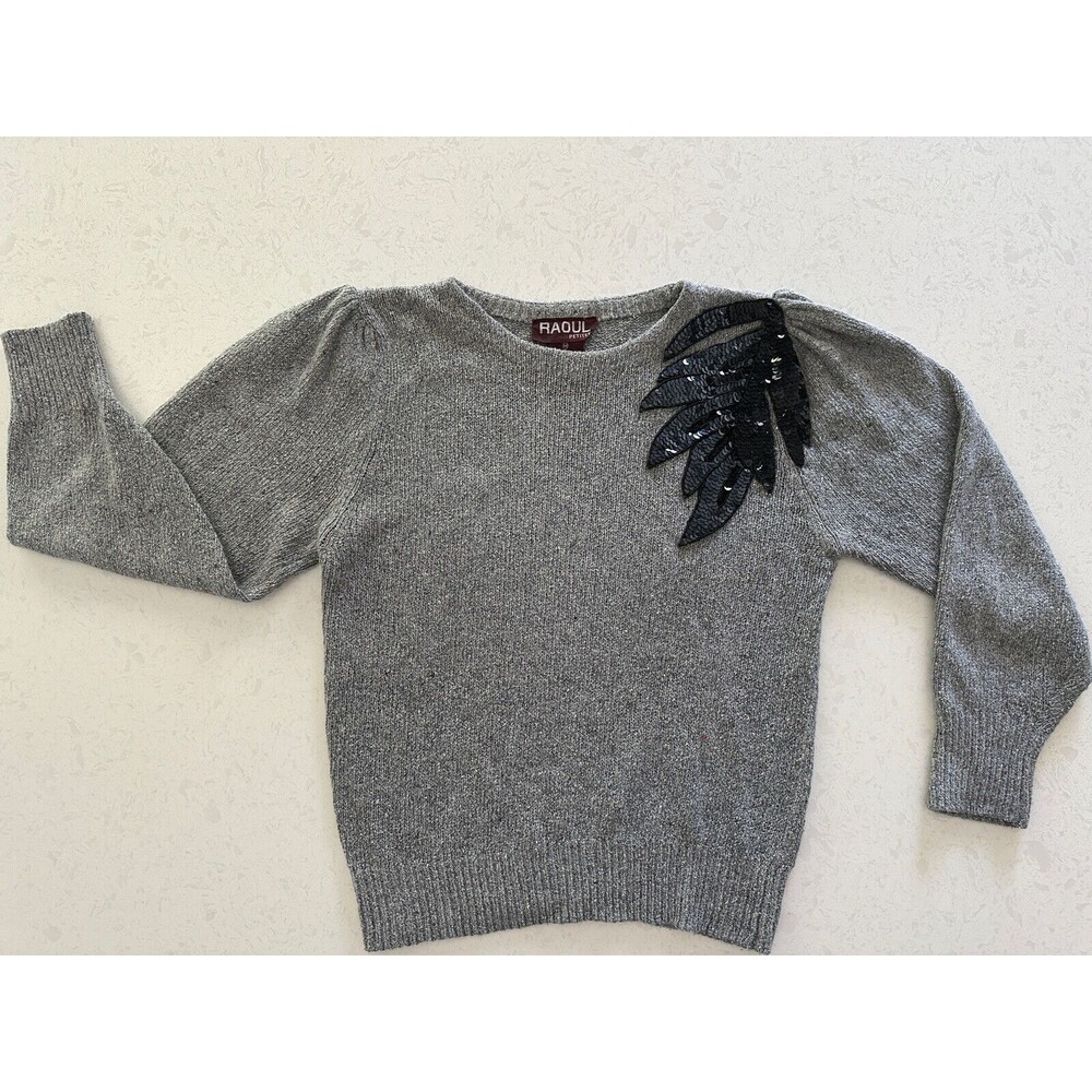 VINTAGE Raoul Petites Sweater M Gray 75% Silk 25% Angora Rabbit Hair Sequin